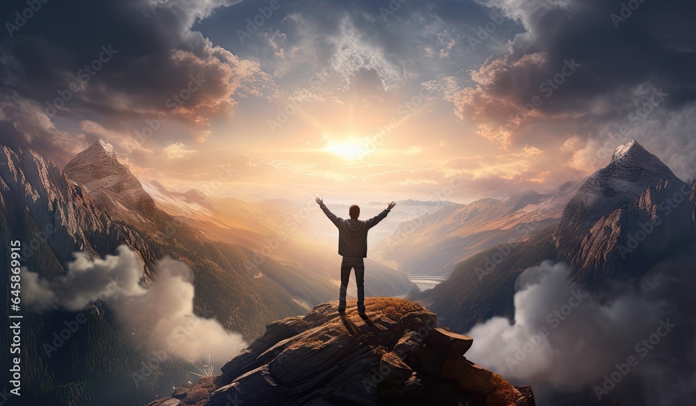 A person celebrating on top of a cliff, hiking, created with AI A person celebrating on top of a cliff, hiking, created with AI