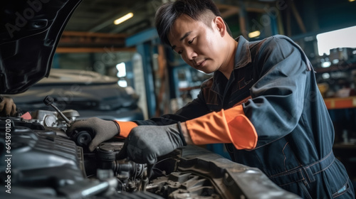 Asian mechanic checking the safety of a car. Maintenance of damaged parts in the garage. Maintenance repairs. Repair service concept. © Sasint