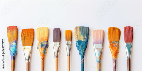 Used paint brushes. A bunch of brushes for painting with oil and acrylic paints. Artist paintbrushes in a artist studio.
