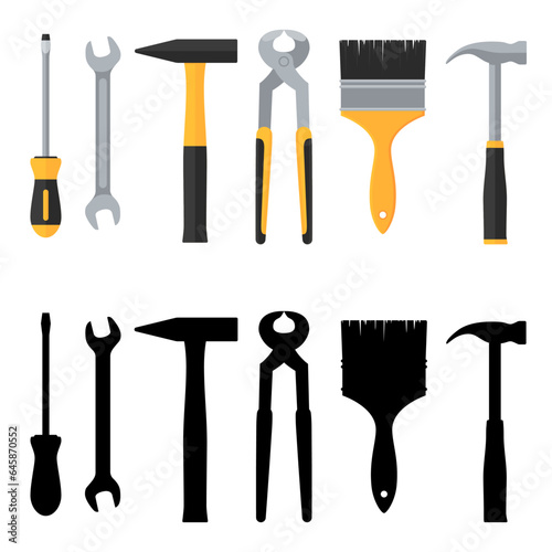 Set of constructions tools on isolated white background. Builder, repair tools, building, architecture, architect, repairmen and painter essential tools. Under construction. 