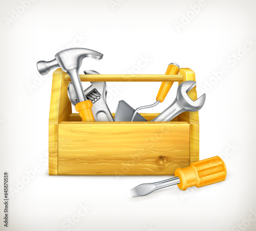 wooden toolbox full of equipment. Plier, screwdriver, hammer in isolated white background. Vector illustration. 
