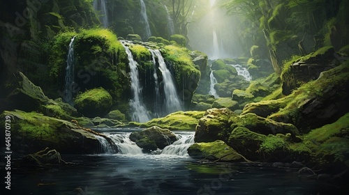 the ethereal charm of a hidden waterfall in a pristine river, as clear water cascades gracefully over moss-covered rocks.