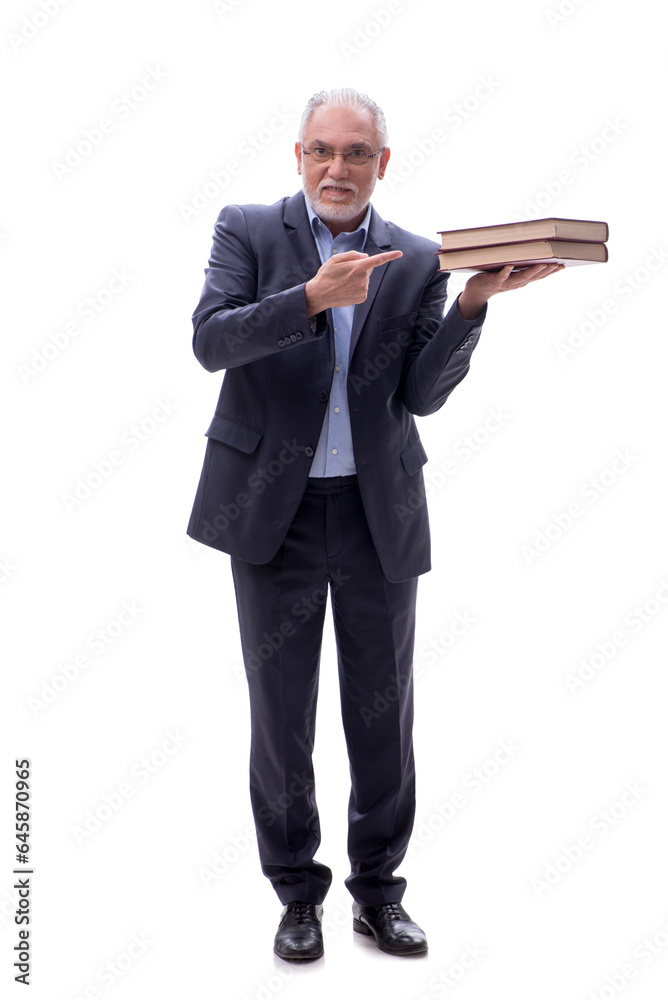 Old businessman holding books isolated on white