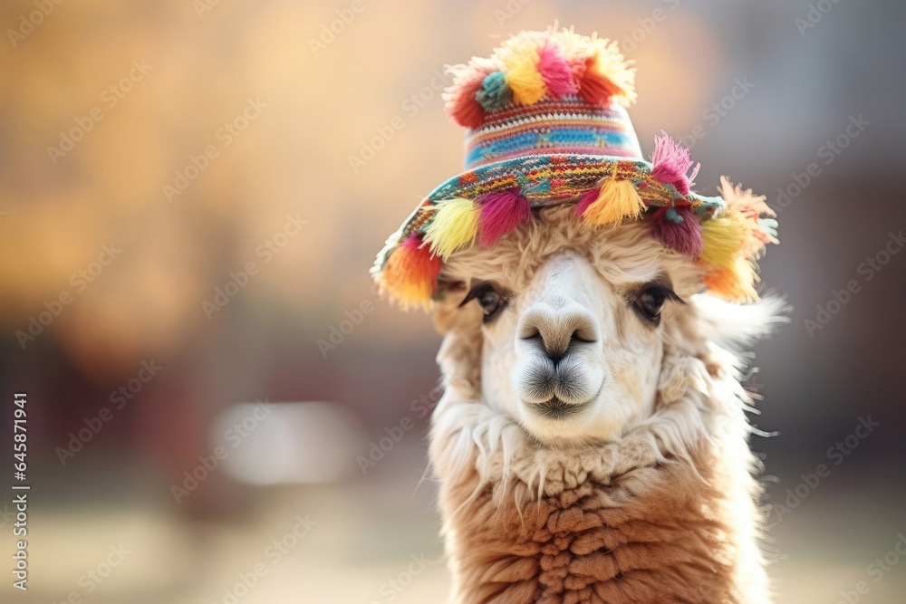 Fototapeta premium Portrait of a cute alpaca wearing hat