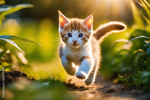 Cute little kitten running in the park at sunset.