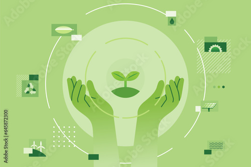 Hands raise plant with icons Alternative Energy sources for renewable, sustainable development. conservation eco concept