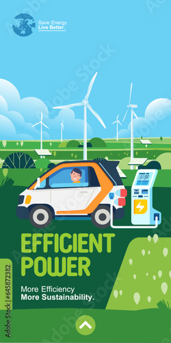 Refueling an electric car. alternative Renewable energy use. Windmills. environmental sustainable banner