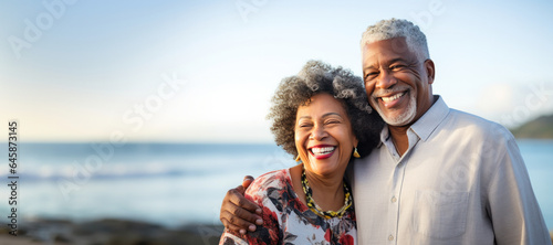 African senior couple on the beach with copy space