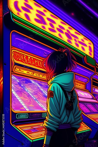 Vintage 90's anime style environmental wide shot of a chaotic arcade at night; a woman wearing streetwear playing an arcade game; by hajime sorayama, greg tocchini, virgil finlay, sci-fi. line art. en photo
