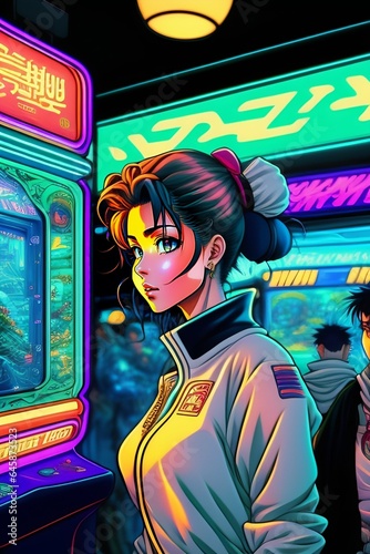 Vintage 90's anime style environmental wide shot of a chaotic arcade at night; a woman wearing streetwear playing an arcade game; by hajime sorayama, greg tocchini, virgil finlay, sci-fi. line art. en