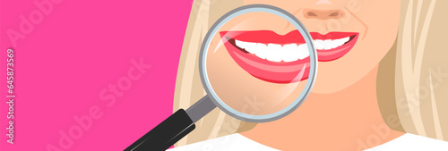 beautiful woman smile teeth magnifying glass stomatology concept vector illustration