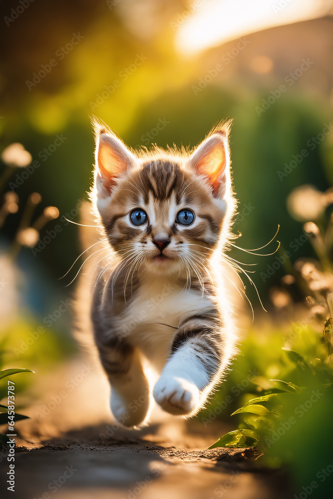 Cute little kitten running in the park at sunset. - obrazy, fototapety, plakaty 