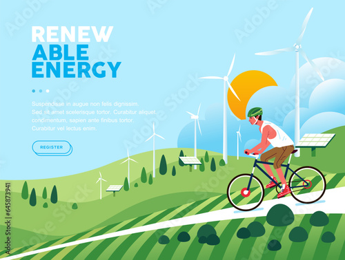 Word environment day. Man riding a bicycle over green hills with energy fields sustainable renewable energy, solar panel, wind turbine