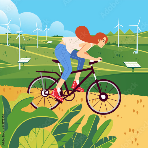 Word environment day. Girl riding a bicycle over green hills with energy fields sustainable renewable energy, solar panel, wind turbine