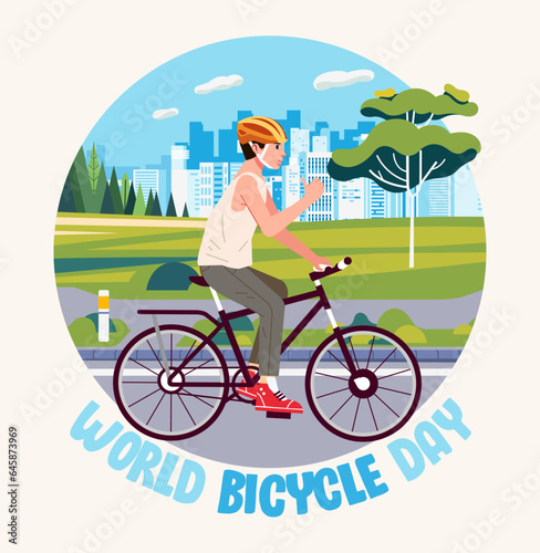 World bicycle day. man riding a bicycle landscape background. Go Green Save Environment banner poster