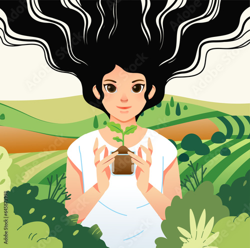 World Environment Earth Day. Girl holds handful soil with plant sprout seed. Sustainable lifestyle, green, ecological conversation, nature concept