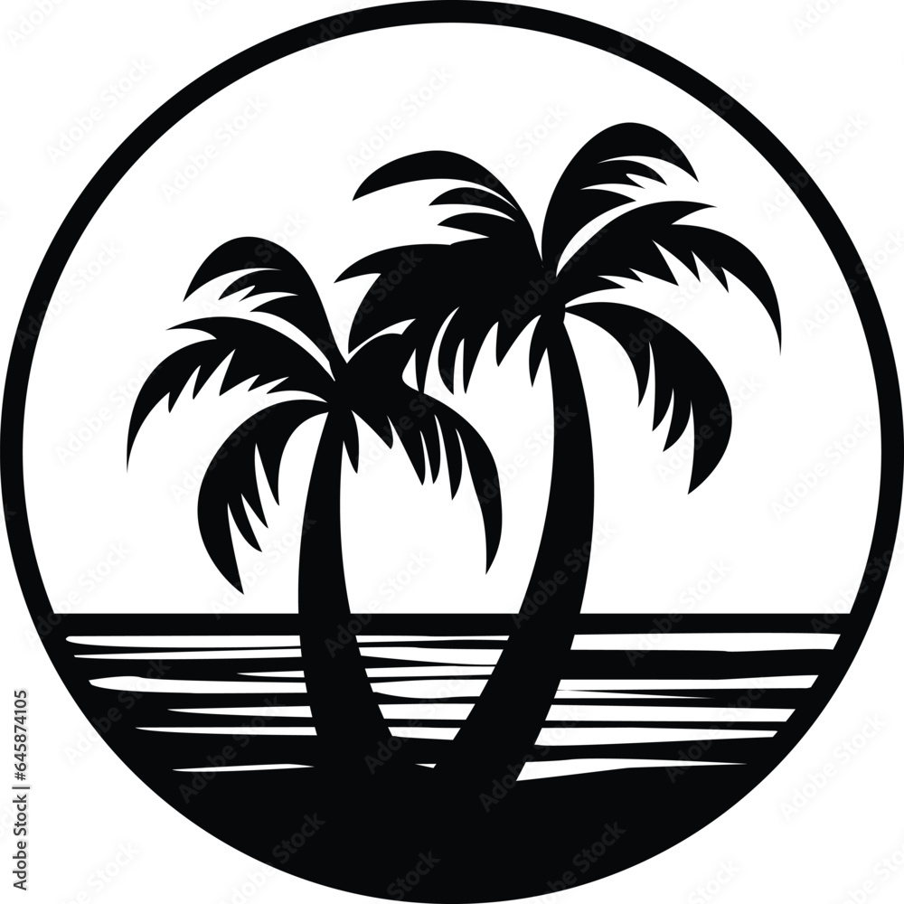 Black and white flat round palms and beach icon vector illustration
