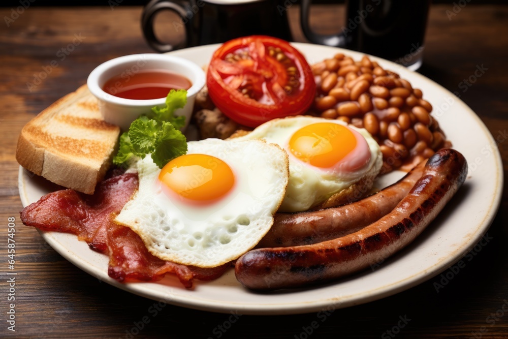 Fresh english breakfast with sausage eggs toast beans and tomatos