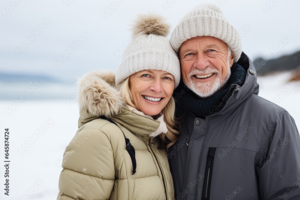 Smiling portrait of a happy senior couple on a beach during winter