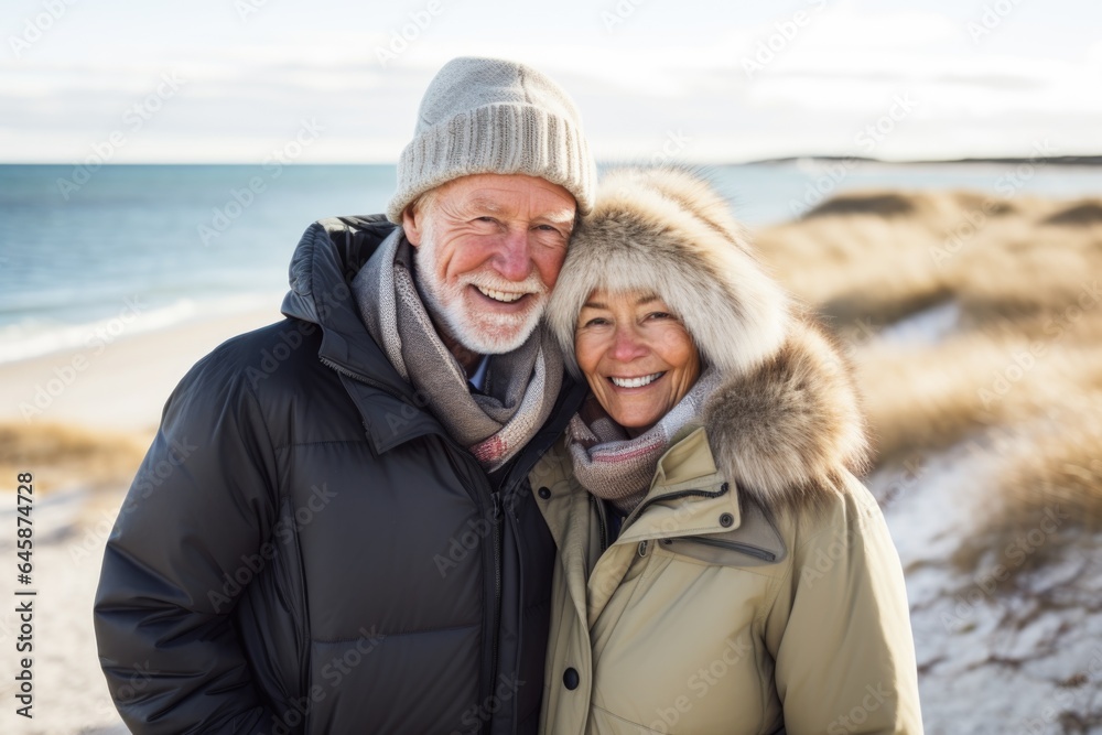 Smiling portrait of a happy senior couple on a beach during winter