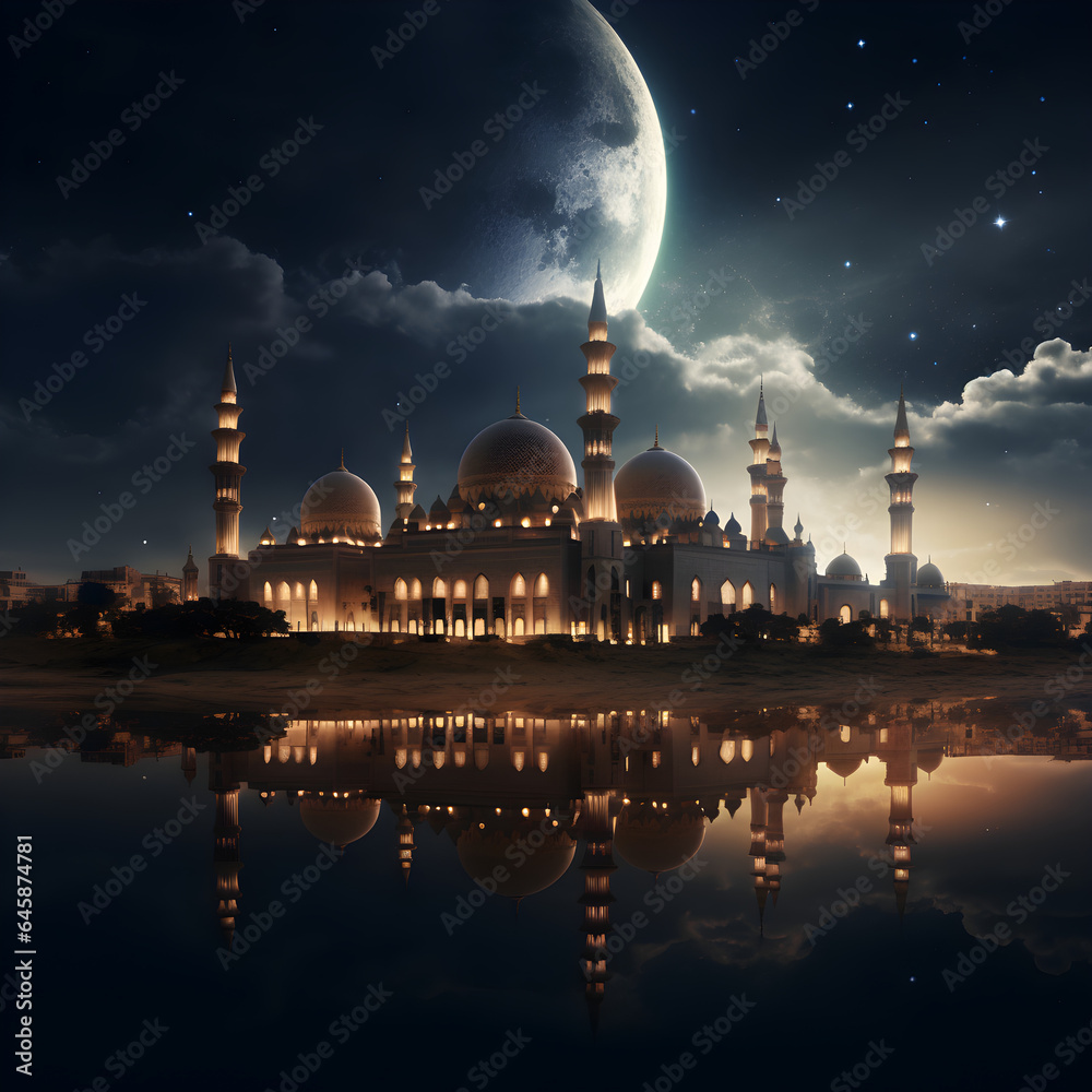 Ramadan night view with mosque and moon in the dessert