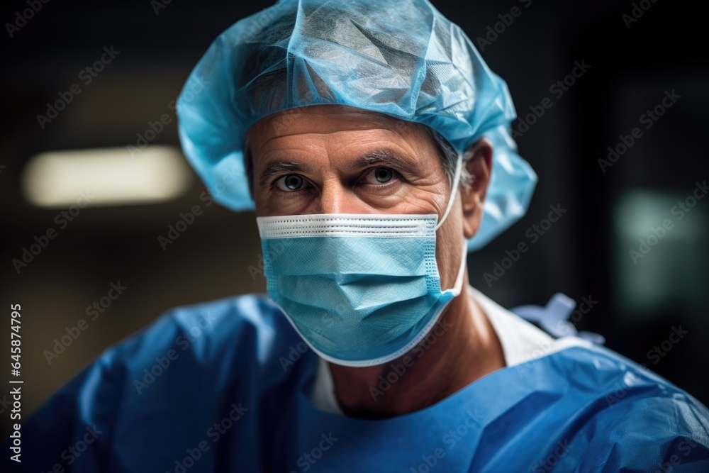 Close up portrait of a male surgeon or doctor performing surgery or operation in the operating room of the hospital