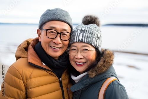 Smiling portrait of a happy asian senior couple on a winter beach