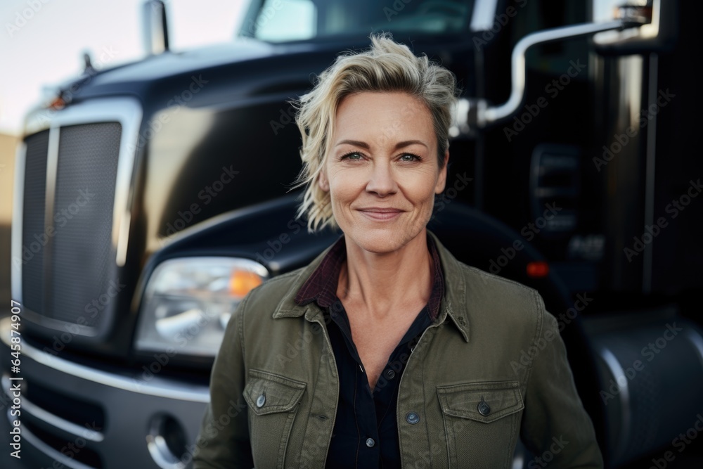 Smiling portrait of a female middle aged trucker working for a trucking company in the USA