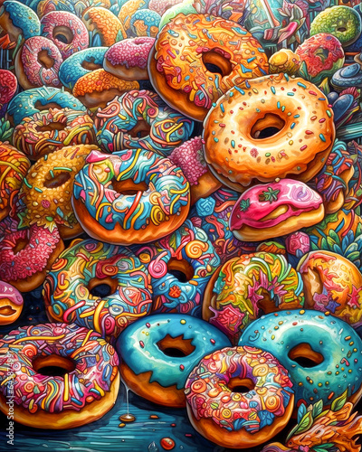 A Wave of Colorful Decorated Doughnuts - Psychedelic