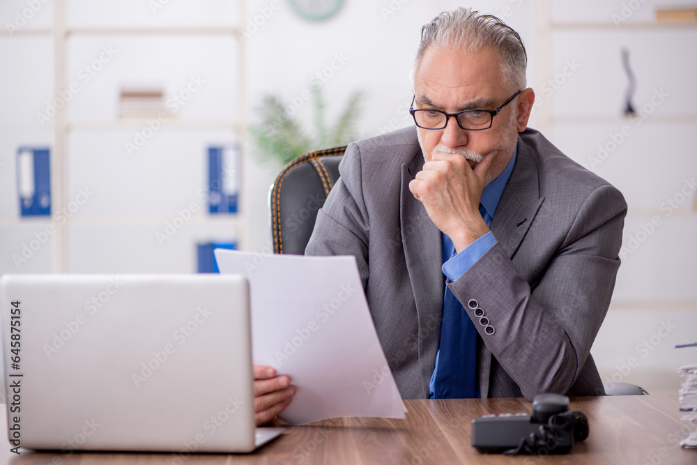 Old male employee working in the office Old male employee working in the office