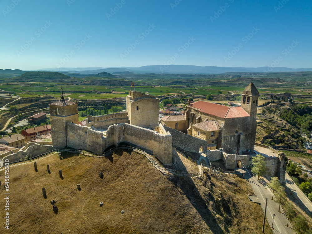 Aerial summer view of San Vincente de la Sonsierra, castle and church above the Ebro in Spain