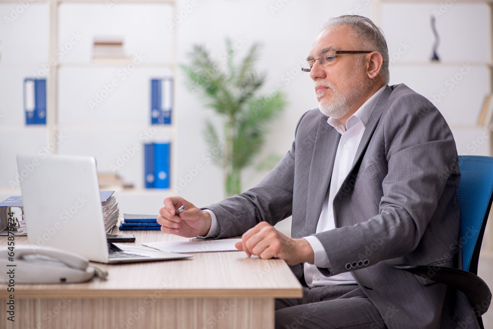 Old male employee working in the office Old male employee working in the office