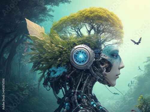 Generate an AI artwork that combines elements of futuristic technology with organic nature, blurring the lines between the mechanical and the natural world. The artwork should evoke a sense of wonder 