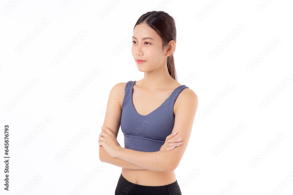 Portrait of beautiful young asian woman in sportwear smile and crossed arms isolated on white background, sport and exercise for health and weightloss, female and slimming with confident and wellness. Portrait of beautiful young asian woman in sportwear smile and crossed arms isolated on white background, sport and exercise for health and weightloss, female and slimming with confident and wellness.