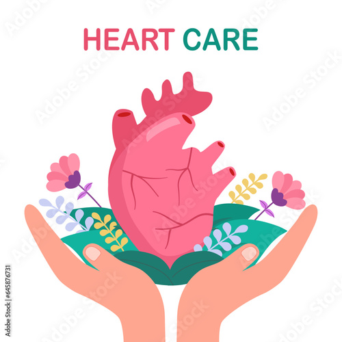 Human heart with hands and flowers in flat design on white background. Heart care. World heart day concept.