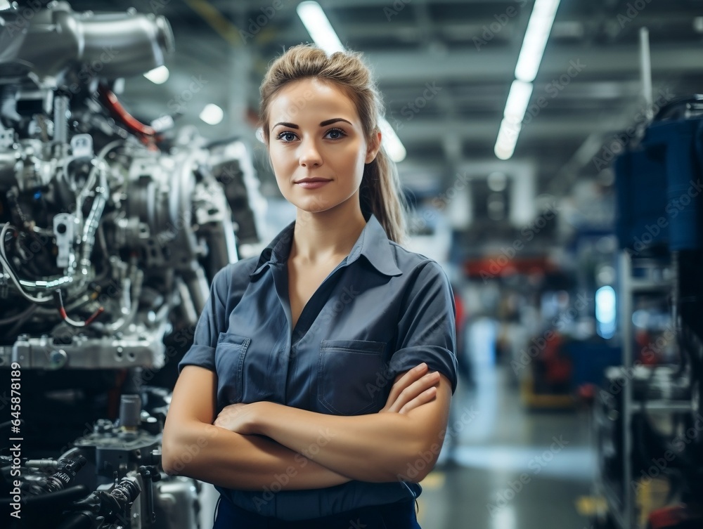 Confident female worker skillfully operating high-tech machinery in a modern automotive manufacturing setting, candid shot, generative ai Confident female worker skillfully operating high-tech machinery in a modern automotive manufacturing setting, candid shot, generative ai