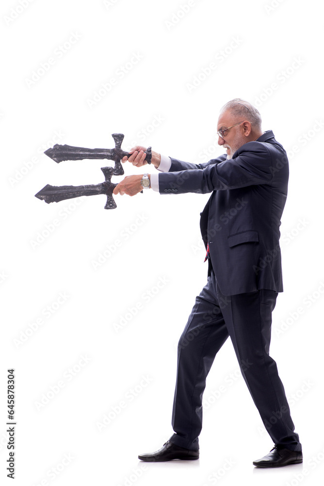 Old businessman holding saber isolated on white Old businessman holding saber isolated on white