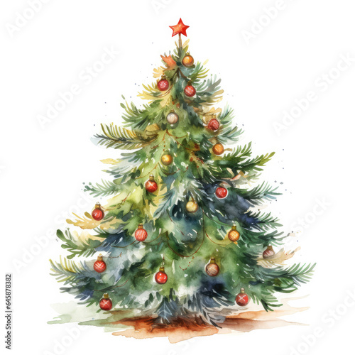 Watercolor christmas tree wih decorations on a white background