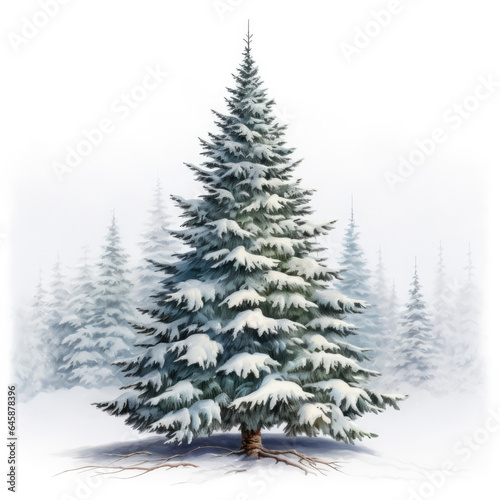 Illustration of a snow-covered christmas tree in a snowy white forest