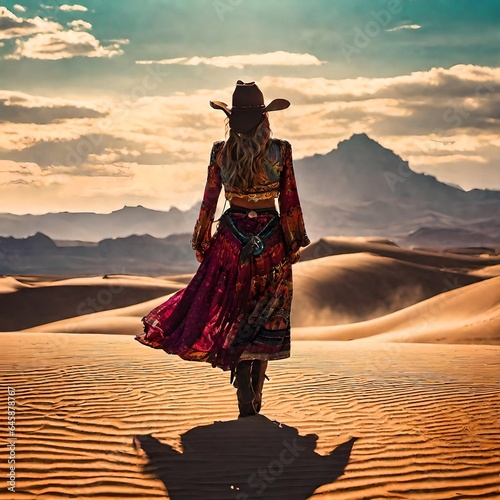 Silhouette of cowgirl walking through the desert with mountains at dusk