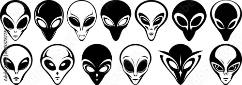 Alien face head variations isolated black vector silhouette collection