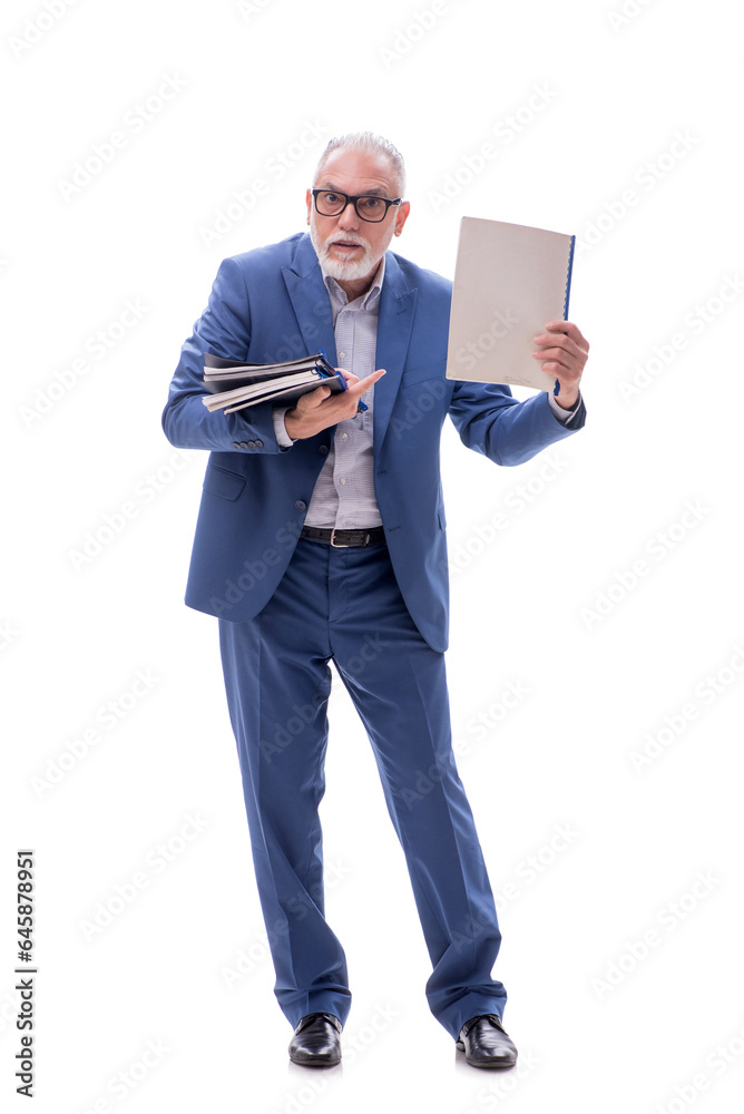 Old boss holding heavy pile isolated on white Old boss holding heavy pile isolated on white