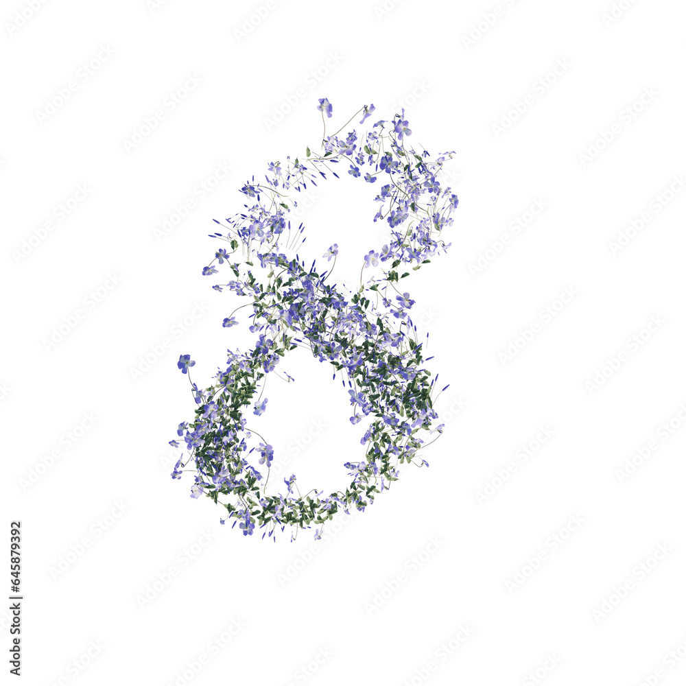 Font made of flowers and leaves, numbers, alphabet, font art 3d rendering with transparent background Font made of flowers and leaves, numbers, alphabet, font art 3d rendering with transparent background
