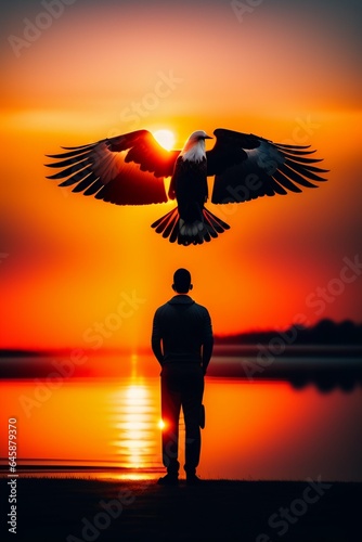 A men see sunset and eagle is flying in the air © Aftab