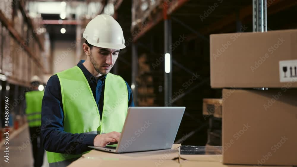 Male Employee Working Inside at Modern Logistics Center for International Online Shopping Company. Man Using Laptop Computer to Optimize Orders and Streamline Deliveries Male Employee Working Inside at Modern Logistics Center for International Online Shopping Company. Man Using Laptop Computer to Optimize Orders and Streamline Deliveries