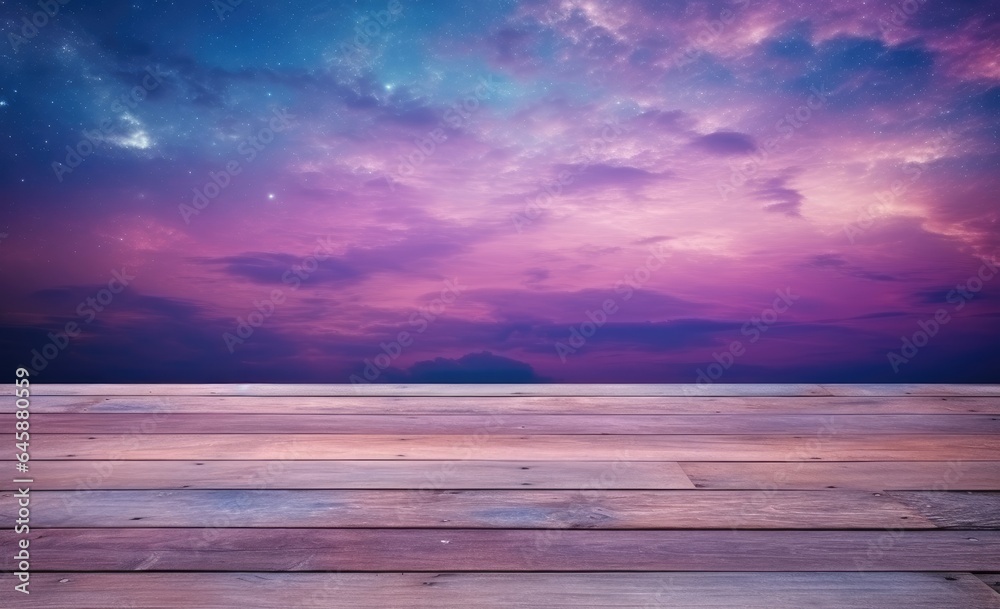 Colorful nebular sky in sunset background with wooden table top on the sea. Pink purple blue yellow orange and red color tone