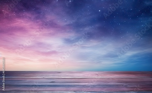 Colorful nebular sky in sunset background with wooden table top on the sea. Pink purple blue yellow orange and red color tone