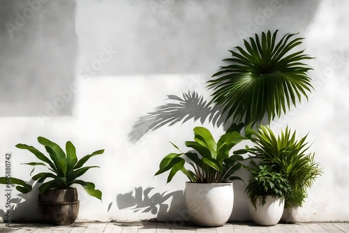 Tropical plants next to a window-shadowed white wall