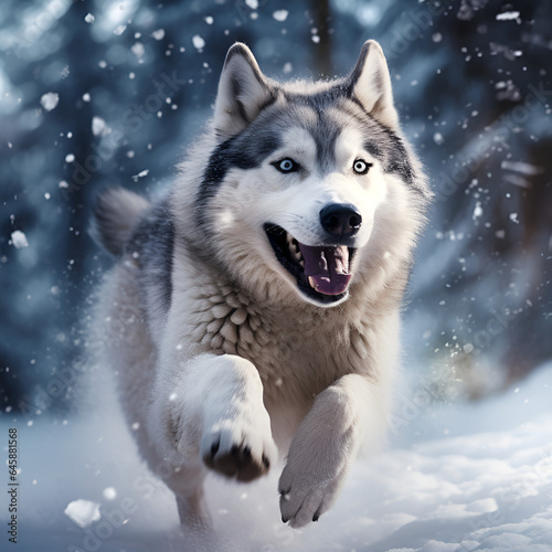 Husky jogging in the field snowy roads and dog purebred dog breed