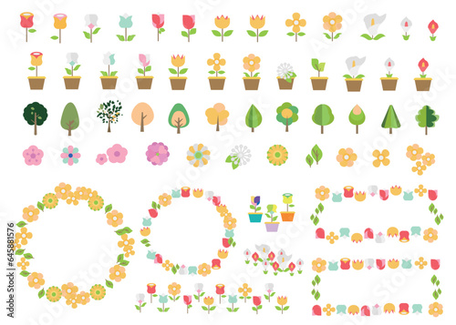 花と木と鉢植えと植物のアイコンとフレームセット